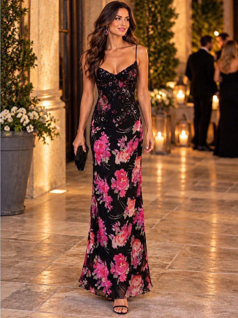 TERI JON Women's Black & Pink Floral SILK Maxi Dress 14 NEW